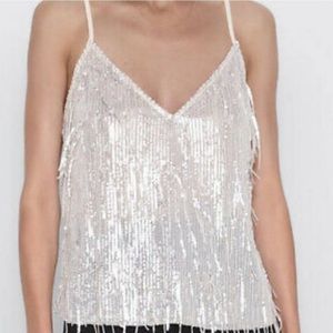 Zara Fringe Top Sequin Silver